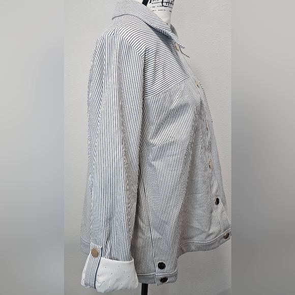 Chico’s Blue & White Striped Indigo Snap Front Jacket Roll Tab Sleeves, SZ 3 NWT - Picture 7 of 16
